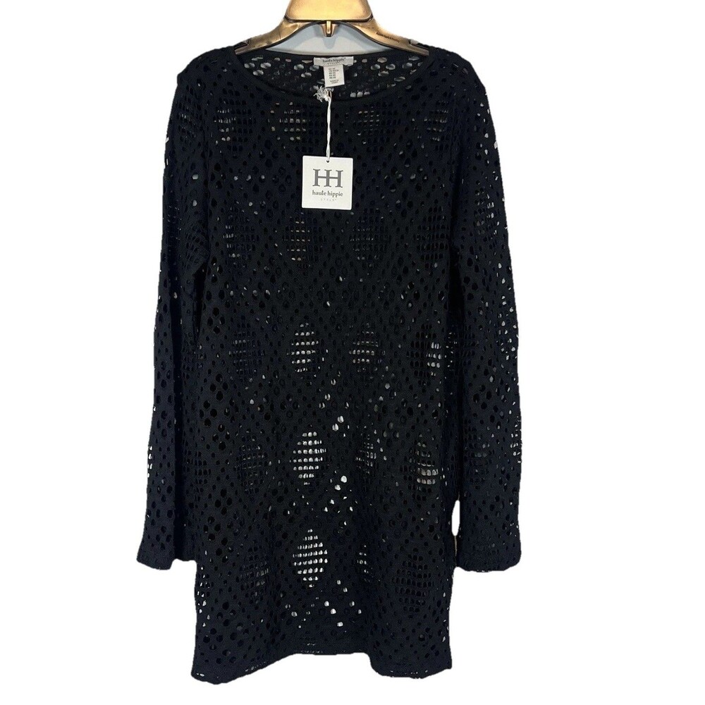 Haute Hippie Black Mesh Crochet Open Knit Long Sleeve Swim Cover Up Dress $98 XS